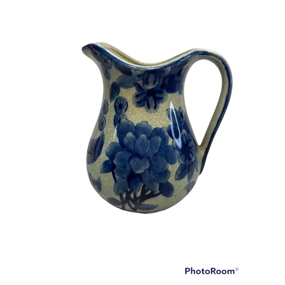 Blue & White Ceramic Pitcher Floral By Mann - Picture 1 of 7
